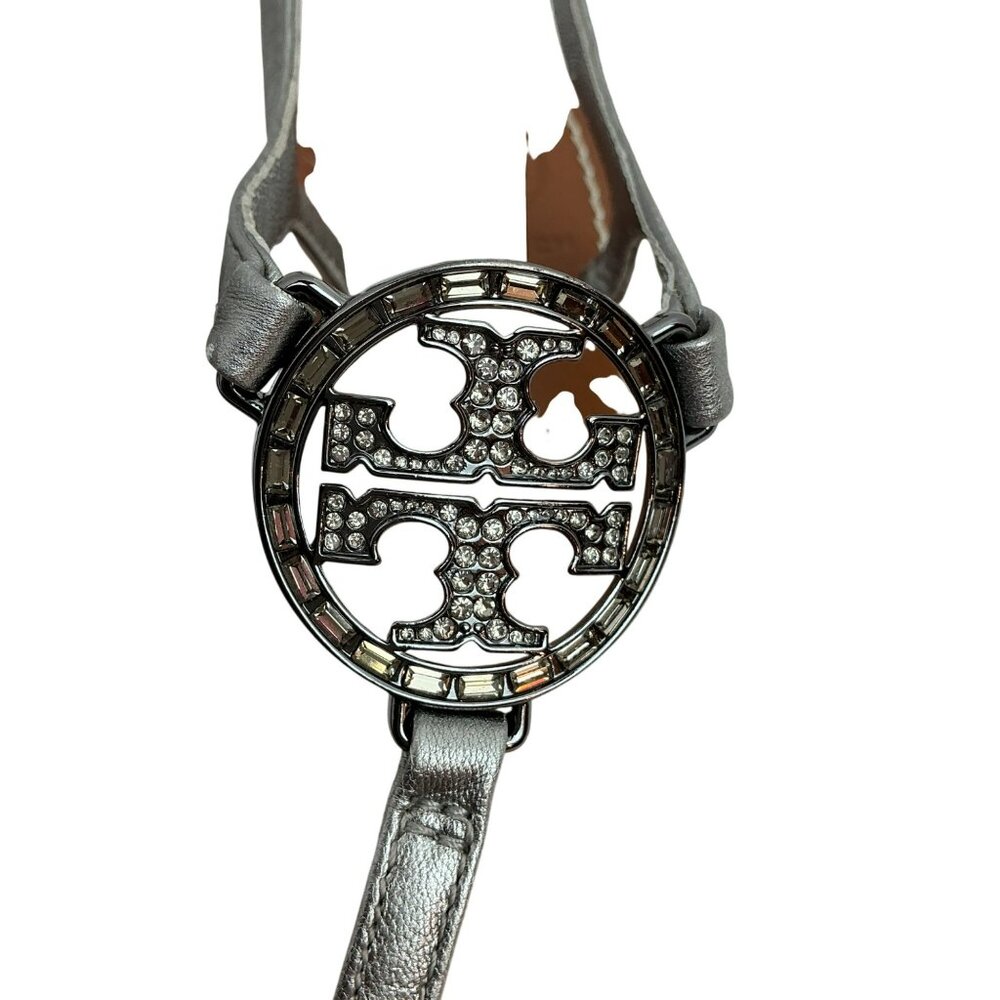 Tory Burch Crystal Metallic Logo Leather Slingback T-Strap Sandals Silver Tan - Picture 3 of 8